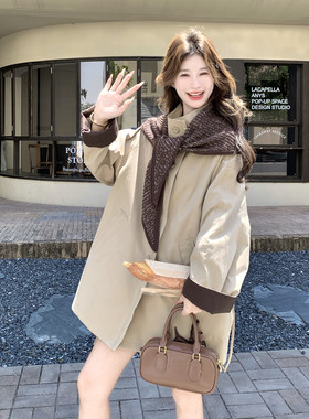 韩版英伦撞色中长款风衣女小个子