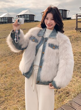 牛仔拼接毛绒短外套女显瘦保暖