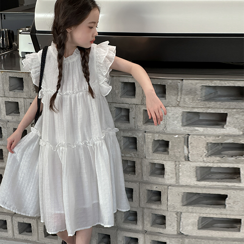 女童飞袖连衣裙夏装2025新款儿童高级感公主裙中大童夏季纯色裙子