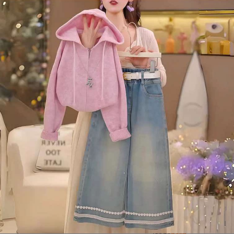 女童连帽针织开衫牛仔阔腿裤两件套2026秋冬新款加厚儿童洋气套装