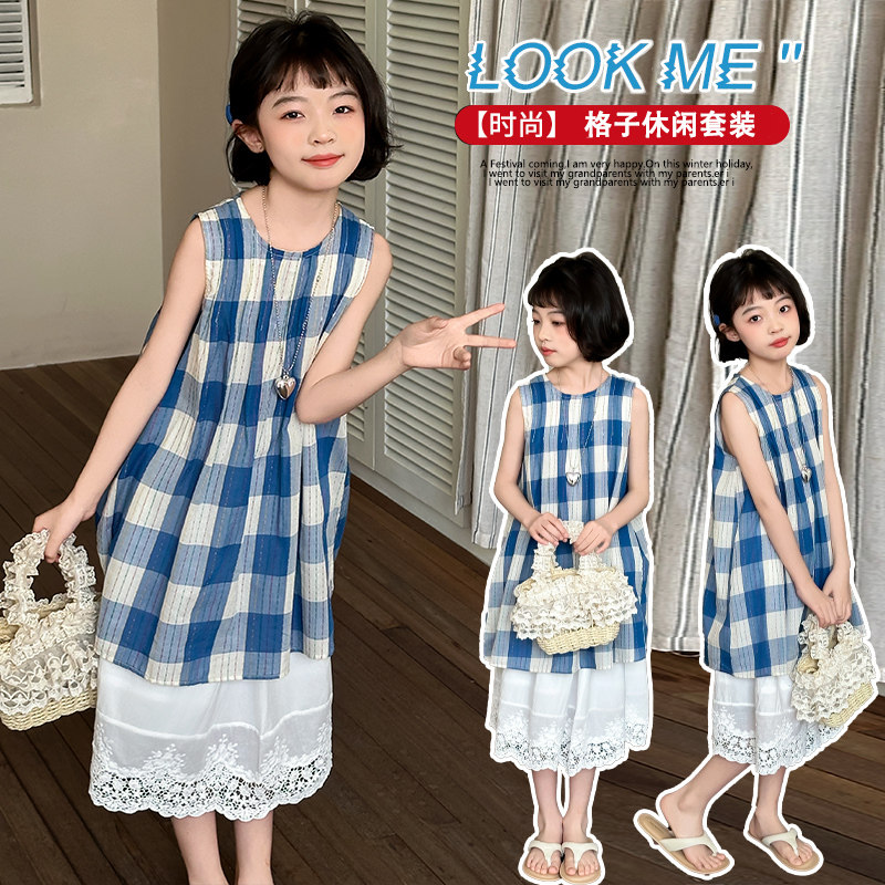 女童连衣裙2025夏季新款女孩公主裙子儿童森系洋气格子背心裙套装