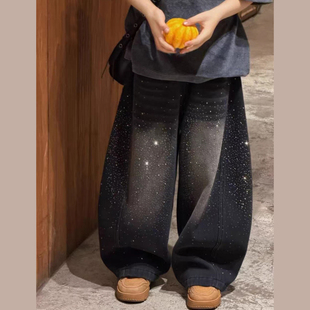 男童女童裤子儿童重工烫钻满天星黑色阔腿牛仔裤春秋季薄款巨好看