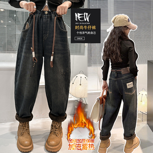 儿童韩版 一体绒宽松加厚老爹裤 冬季 子大童秋冬款 裤 女童加绒牛仔裤
