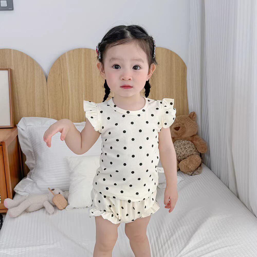 韩国婴儿衣服夏装女宝宝家居服套装公主波点上衣+短裤分体两件套