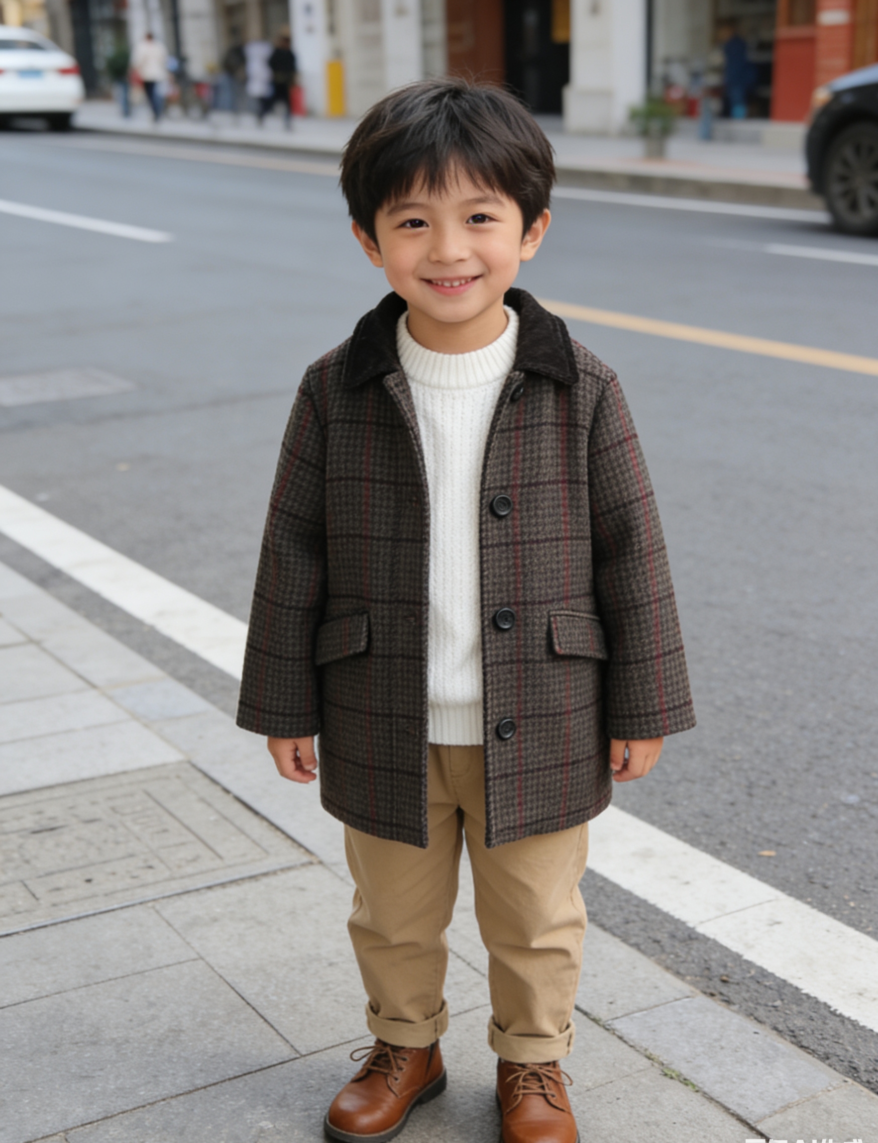 男童外套中长款大口袋拼接领外套冬季新品羊毛混纺格子大衣外套