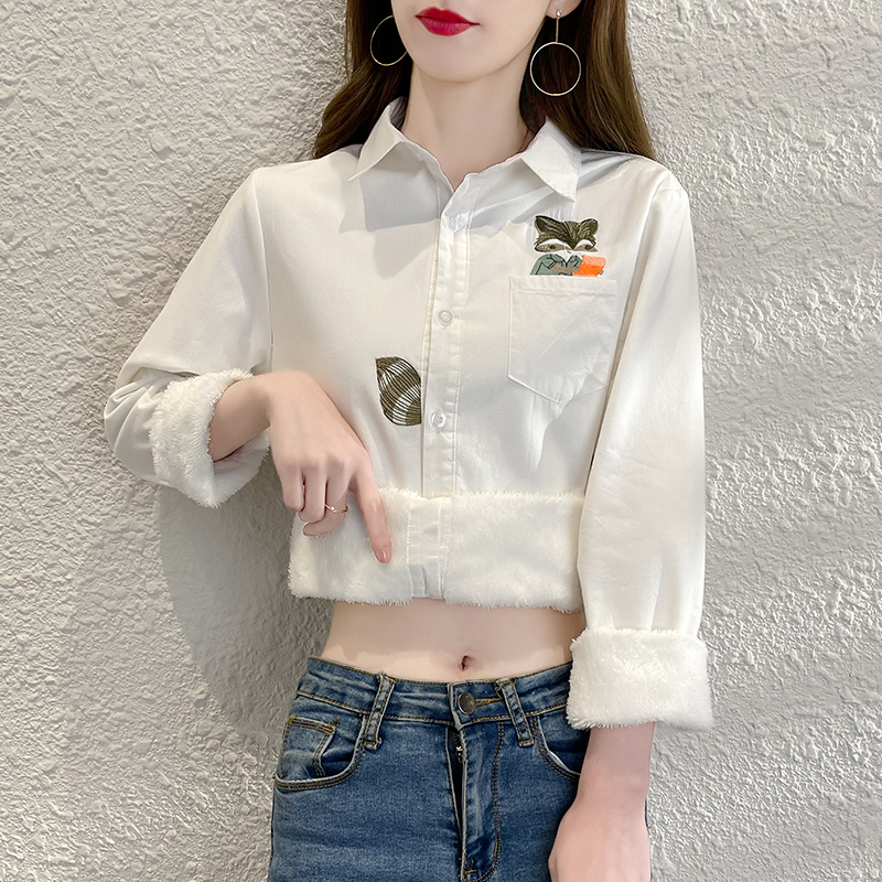 2023秋冬加绒保暖纯棉衬衫女加厚小清新文艺刺绣内搭白色打底上衣