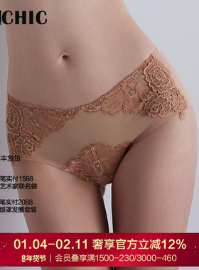 BeChic性感薄透网纱弹力约会穿搭中腰平角内裤傲然之花BC23AA1