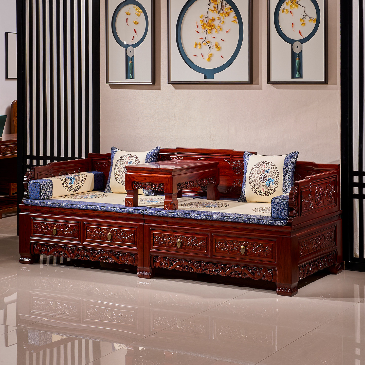 新中式罗汉床小户型榆木推拉两用沙发床复古实木储物床榻客厅家具