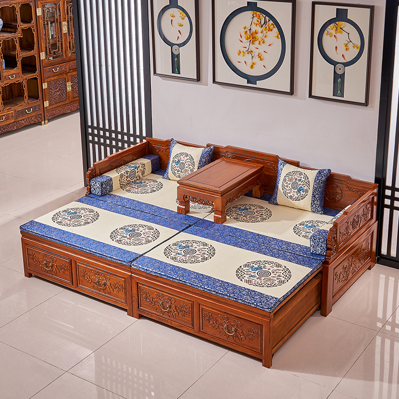 老榆木罗汉床实木新中式推拉床客厅仿古沙发伸缩床两用小户型床榻