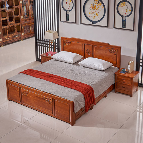 榆木双人床新中式箱体全实木床