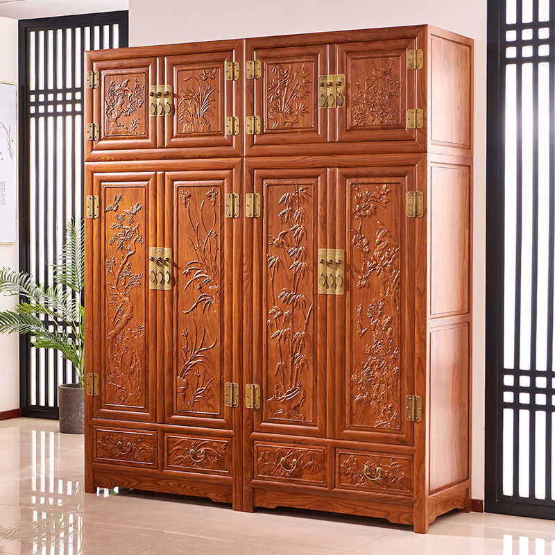 北方榆木衣柜明清仿古家具新中式实木家具多功能衣橱卧室顶箱大柜