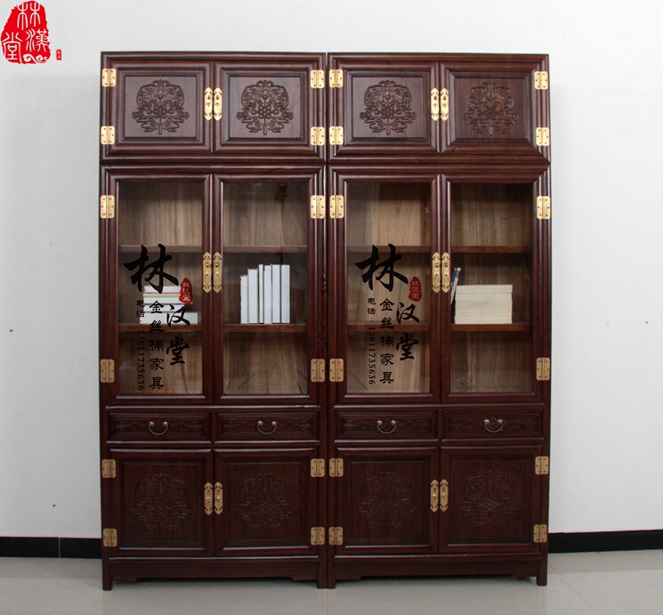 林汉堂老榆木书柜书架 雕花书橱 博古架 榆木中式家具 老榆木家具