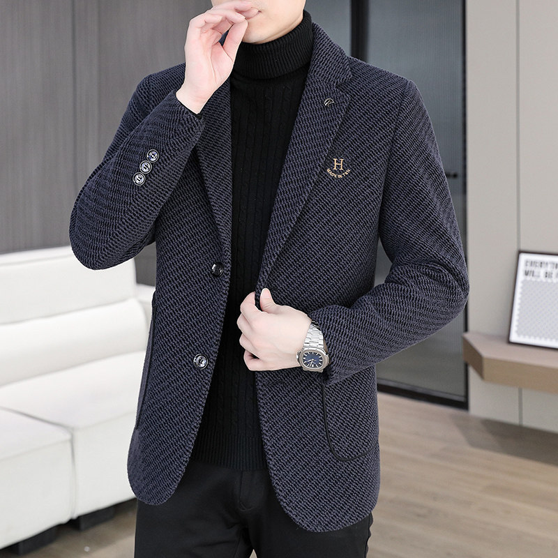 休闲西服男2025新款毛呢西装外套中年高级感条纹刺绣简约秋装夹克