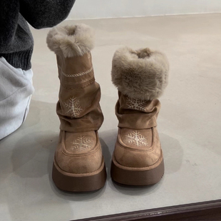 雪花刺绣厚底雪地靴女款2026冬季新款加绒保暖东北棉鞋中筒雪地棉