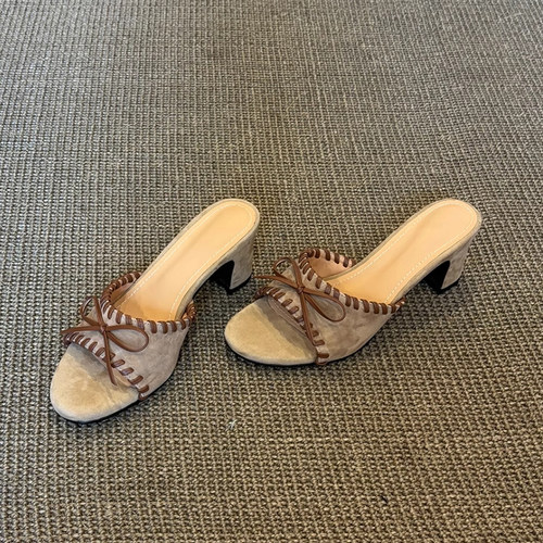 复古蝴蝶结高跟编织凉拖鞋夏外穿