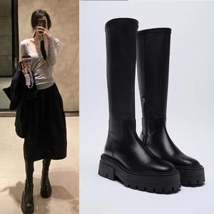 厚底长靴高筒靴女2024秋冬新款烟筒靴显瘦长筒靴不过膝靴子骑士靴