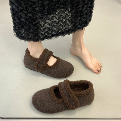 内增高毛呢玛丽珍鞋子加绒毛毛鞋