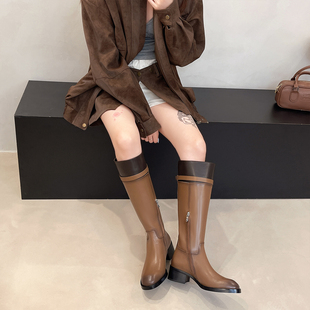 粗跟复古长靴女2026秋冬季新款高跟靴子侧拉链骑士靴瘦瘦靴长筒靴