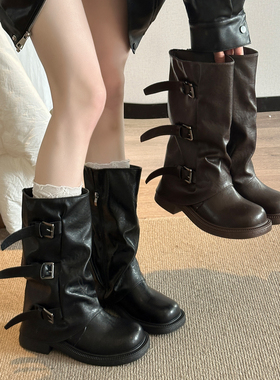 复古裤管靴长筒靴女2025冬季新款高筒堆堆靴辣妹英伦风中筒骑士靴