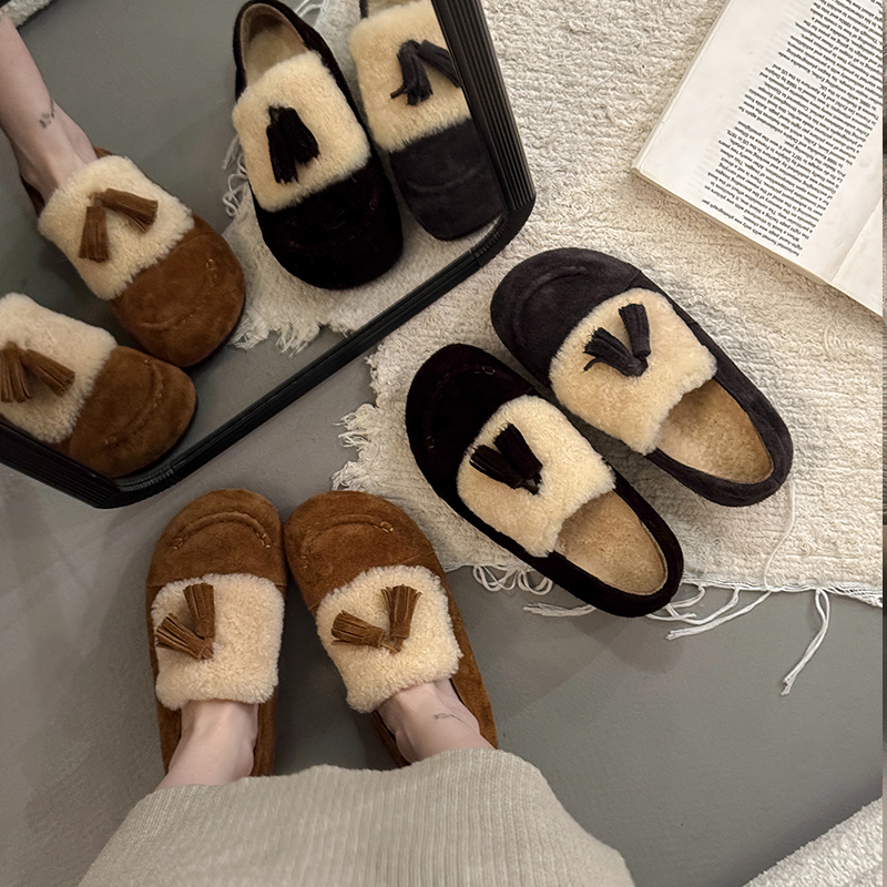 复古保暖棉鞋一脚蹬平底乐福鞋