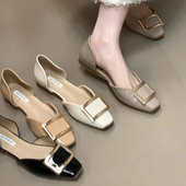 通勤单鞋 时尚 子一脚蹬玛丽珍鞋 法式 方扣中空平底鞋 女浅口包头凉鞋