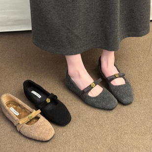 法式小香风毛呢加绒玛丽珍女鞋2026秋冬新款内增高气质浅口单鞋子