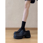 女2025秋季 新款 复古黑色小皮鞋 英伦厚底增高圆头魔术贴乐福鞋 单鞋