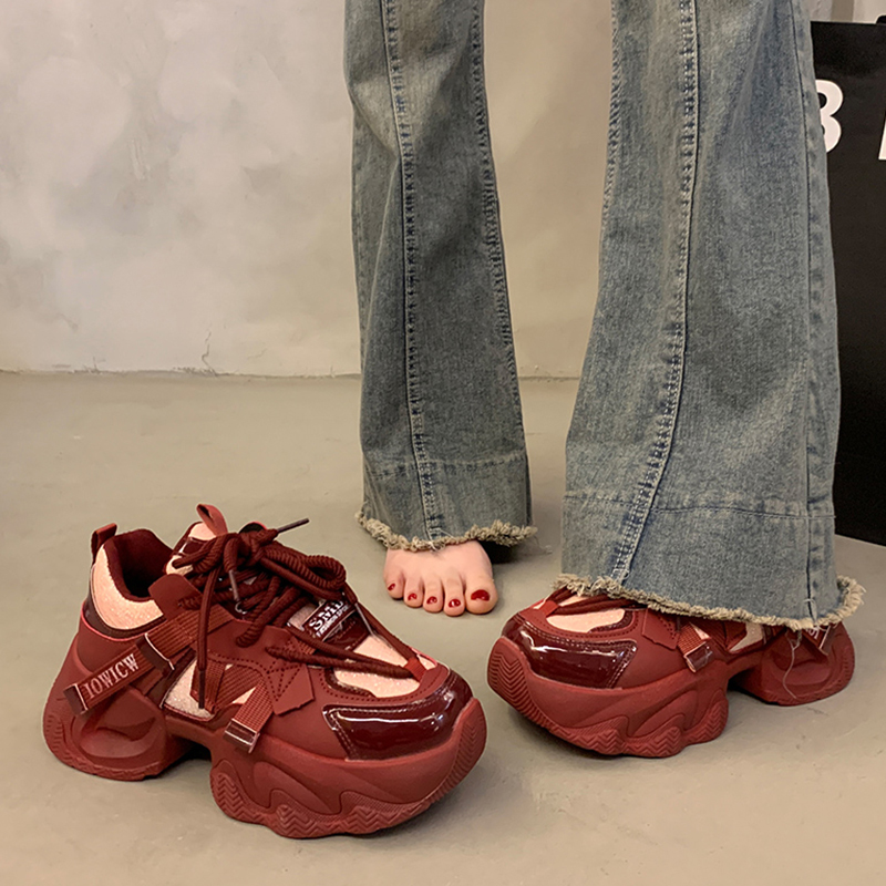 红色厚底增高老爹鞋女款2025