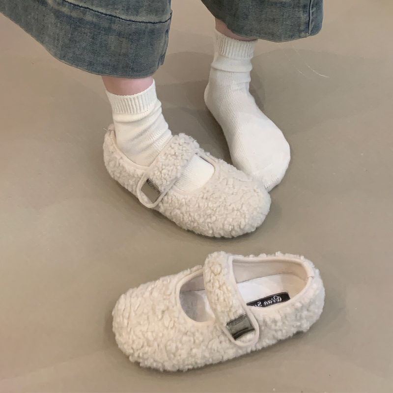 温柔仙女风圆头一字带羊羔毛毛鞋女秋冬外穿内增高舒适保暖豆豆鞋