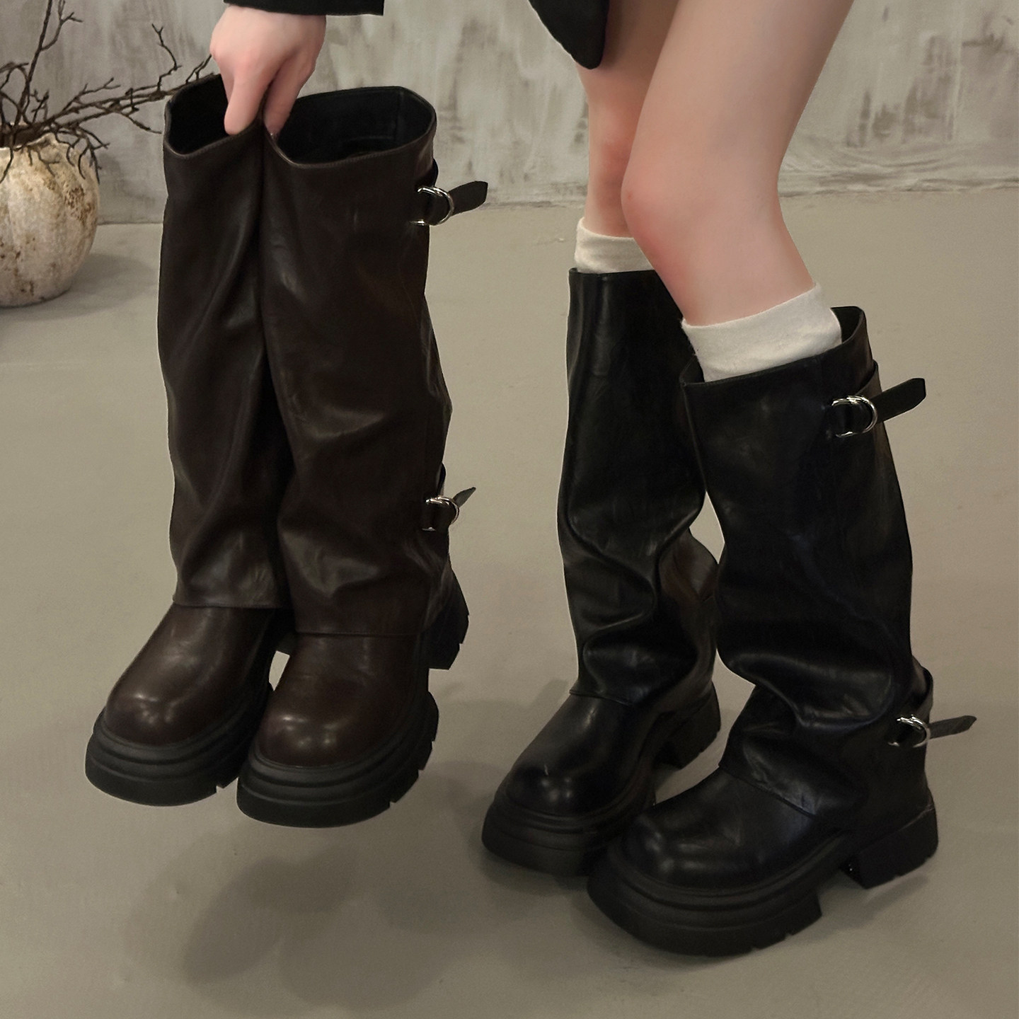 皮带扣厚底增高长靴女2026秋冬新款百搭显瘦不过膝高筒裤管骑士靴