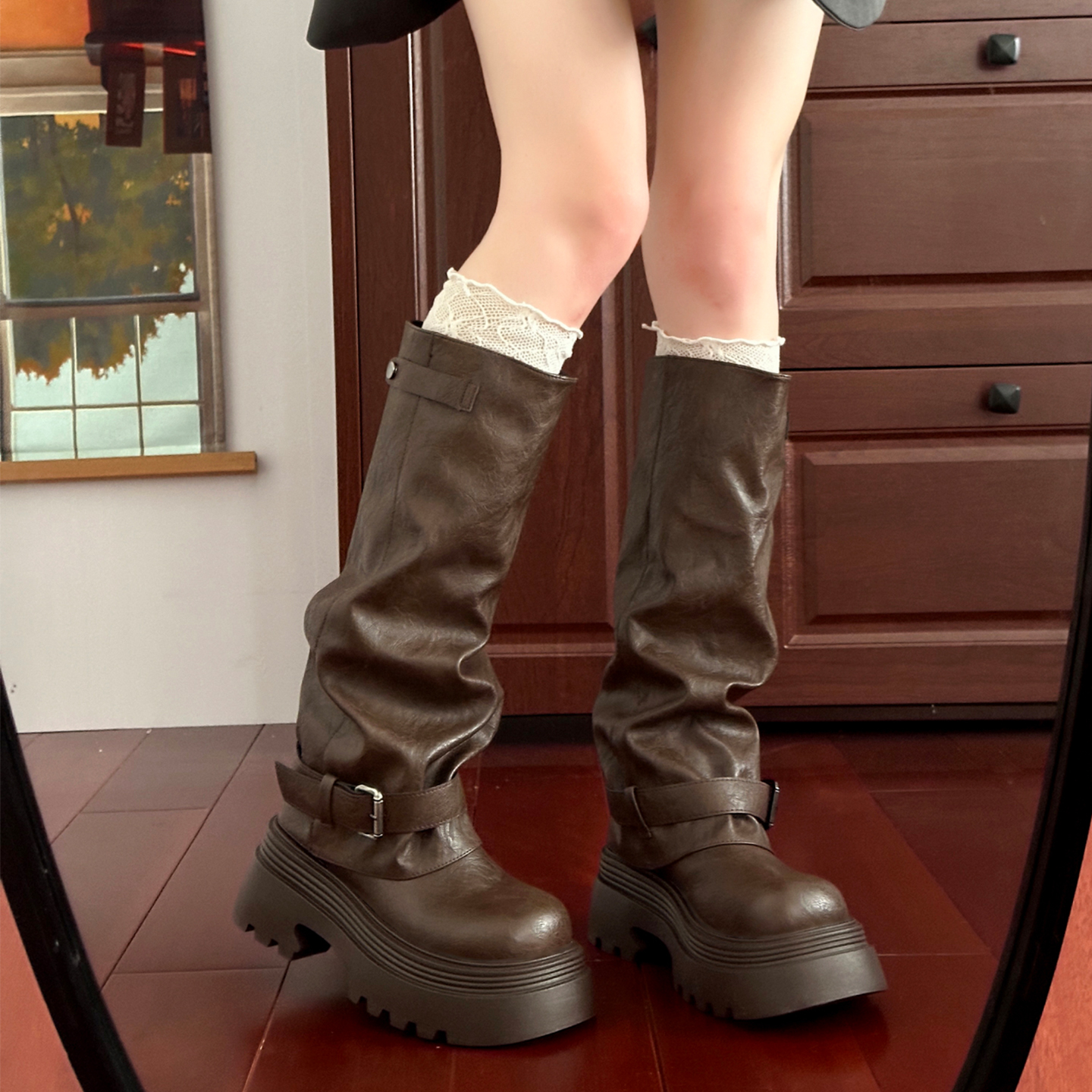 复古英伦风粗跟厚底长筒靴女