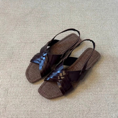 复古编织交叉带平底休闲露趾凉鞋 后绊带方头罗马鞋 女2025夏季 新款