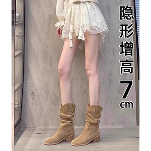 粗跟内增高堆堆靴短靴子女2026秋季新款配裙子西部牛仔短筒马丁靴