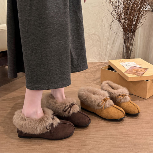 蝴蝶结毛毛鞋女2025冬季新款棉鞋