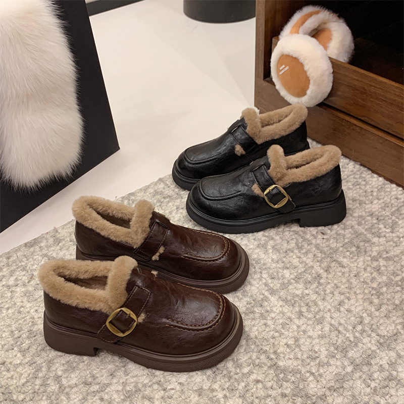 加绒乐福鞋女2025冬季新款小皮鞋
