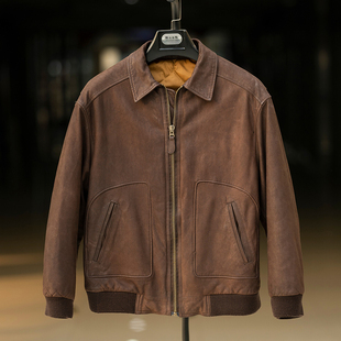 复古头层小牛皮水洗工艺夹克薄棉皮衣男保暖防风轻便外套简约百搭