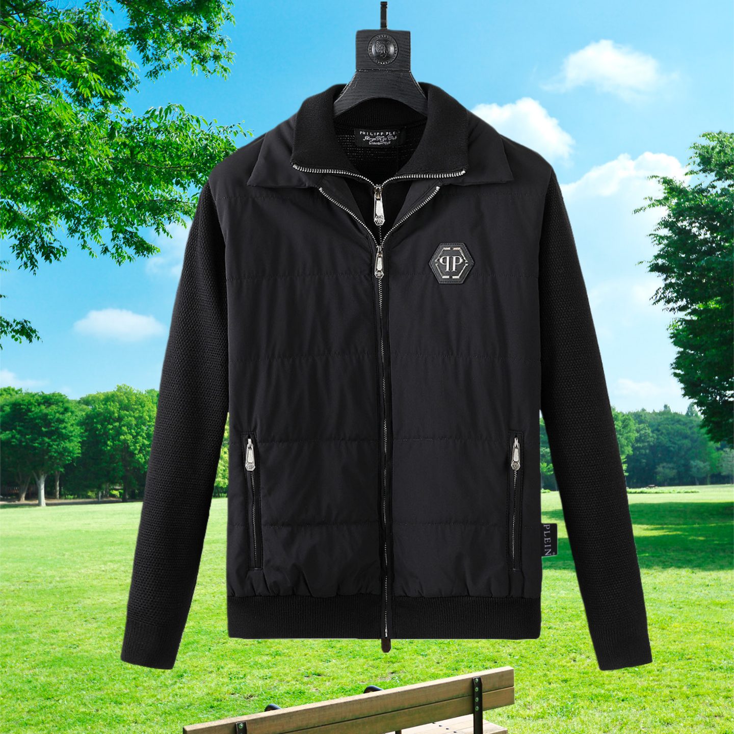 欧美秋冬潮牌男PP双拉链针织衫时尚棉衣拼毛衣假两件修身保暖外套