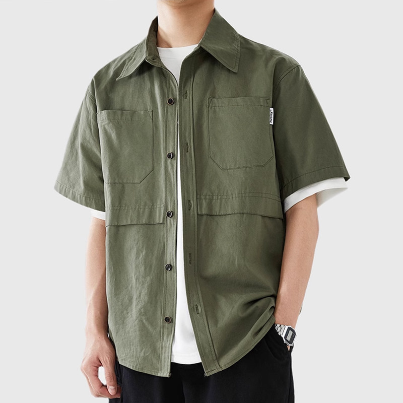 清仓日系复古纯色工装短袖男衬衫夏季潮牌美式百搭休闲外穿衬衣