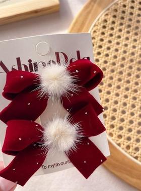 儿童新年红色喜庆蝴蝶结发夹刘海侧边BB夹女童扎头发皮筋发圈头绳