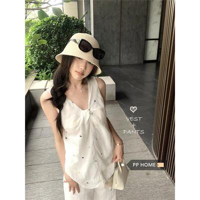 PPHOME爱心刺绣设计感扭结无袖背心衬衫女夏季甜美宽松娃娃衫上衣