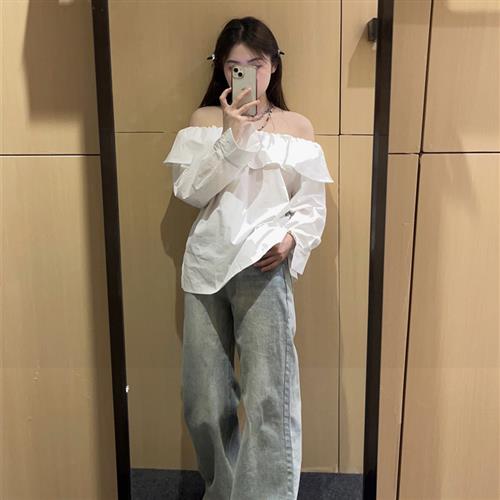 很仙的一字领露肩上衣女小众设计感宽松显瘦白色甜美套头长袖衬衫