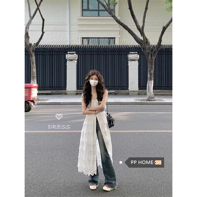 PPHOME韩系白色蕾丝吊带裙女春季甜美重工刺绣镂空连衣裙叠穿长裙