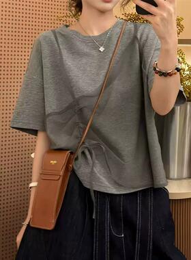 韩系灰色假两件网纱拼接短袖T恤女2026夏大码胖mm小众不撞款上衣