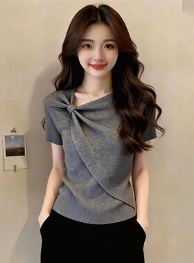 韩系chic灰色斜领扭结短袖t恤女夏季大码胖mm修身显瘦针织衫上衣