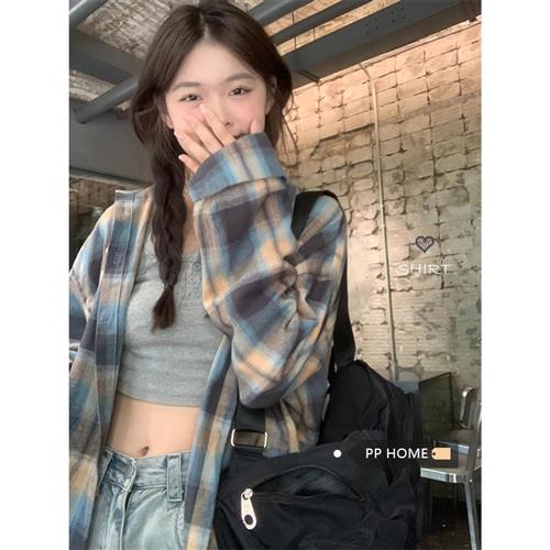 PPHOME盐系甜妹~小众设计风高级感上衣夏季复古撞色格子防晒衬衫