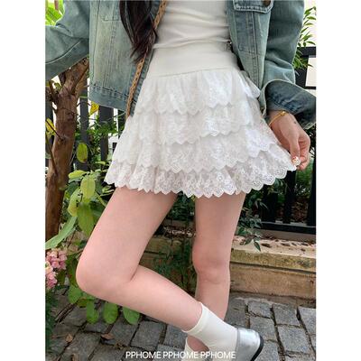 PPHOME自制~芭蕾风镂空勾花褶皱层层蛋糕裙甜美荷叶边高腰A字短裙