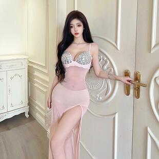 名媛优雅抹胸气质镂空长裙设计感名媛钻饰开叉包臀宴会礼服连衣裙