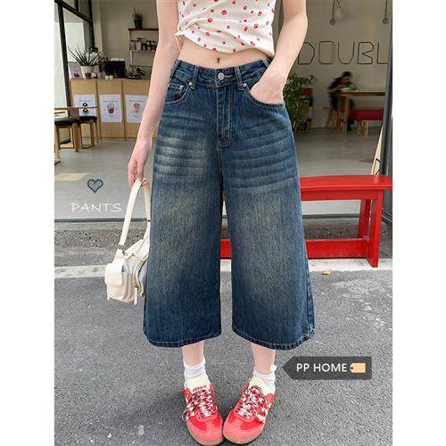 PPHOME复古水洗做旧七分牛仔裤女夏季宽松阔腿短裤高腰直筒中裤子