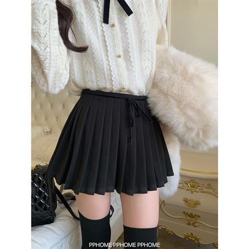 PPHOME自制~公主百褶裙 精致丝绒系带高腰迷你A字百褶半身裙短裙