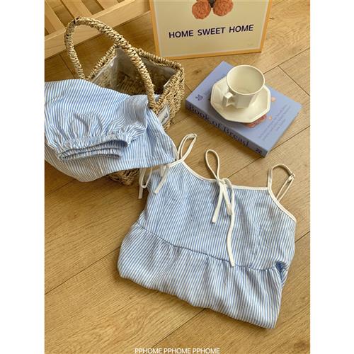 PPHOME自制~奶盐少女 夏季BM风小清新条纹吊带短裤家居服睡衣套装